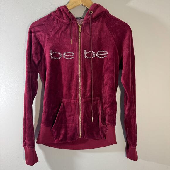 Y2K Bebe Velour Rhinestone Zip-Up Hoodie | Maroon Track Jacket Bling XS - Picture 1 of 9